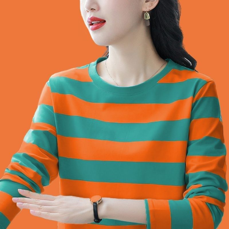 纯棉长袖t恤女春秋薄款2024新款宽松大码显瘦条纹打底衫内搭上衣