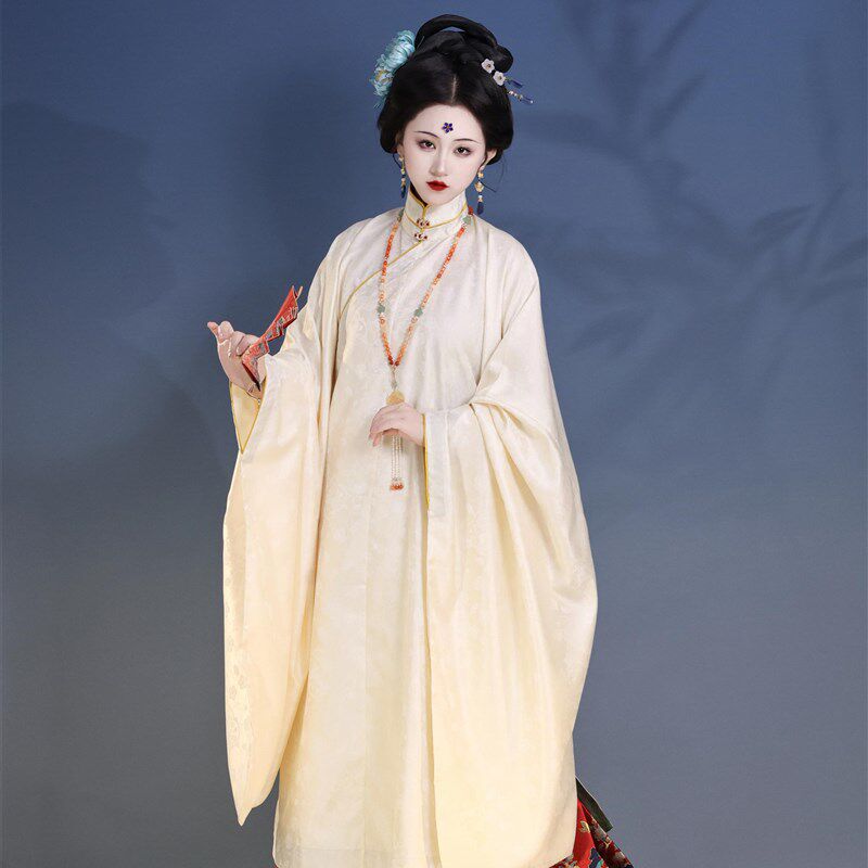 琉鱼汉服 月桂兔暗纹立领斜长襟衫马面女绿粉白蓝明制暗纹全贴边
