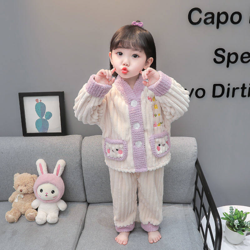 儿童新款女童婴幼儿秋冬装两件式法兰绒睡衣女宝宝珊瑚绒加厚家居