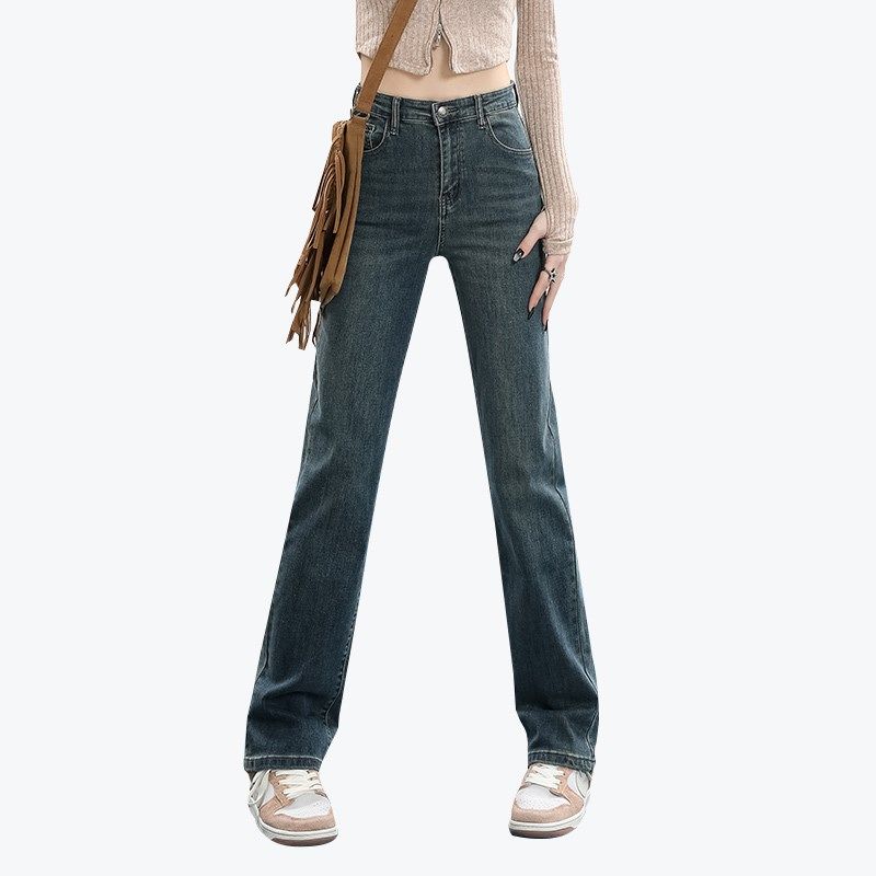 2024春新款高腰显瘦小直筒牛仔裤女小个子加长黑色宽松窄版直筒裤