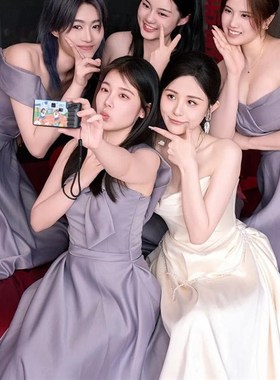 2024新款紫色缎面小众伴娘服姐妹团轻奢表演年会晚礼服裙秋冬季