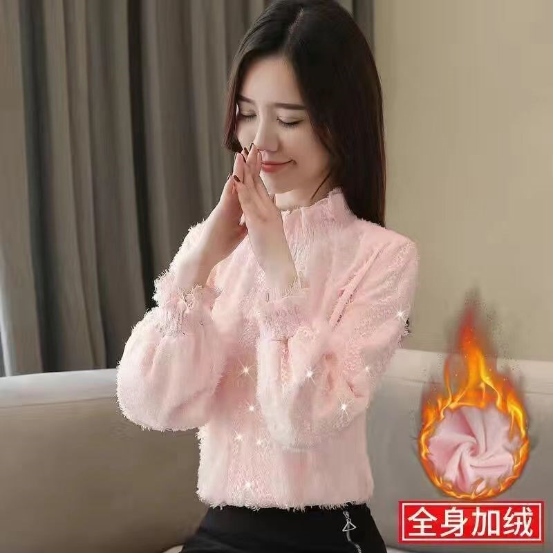 蕾丝加绒加厚打底衫女秋冬装新款潮纺衬衫植绒上衣洋气半高领纽扣