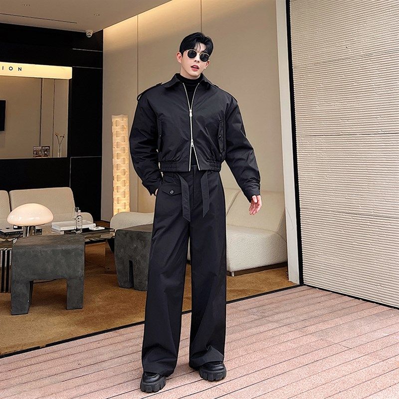 秋季时尚工装短款夹克男棉衣外套套装小众结构设计感阔腿裤两件套,男装,时尚套装,淘宝优惠券,粉丝福利购,淘宝优惠卷