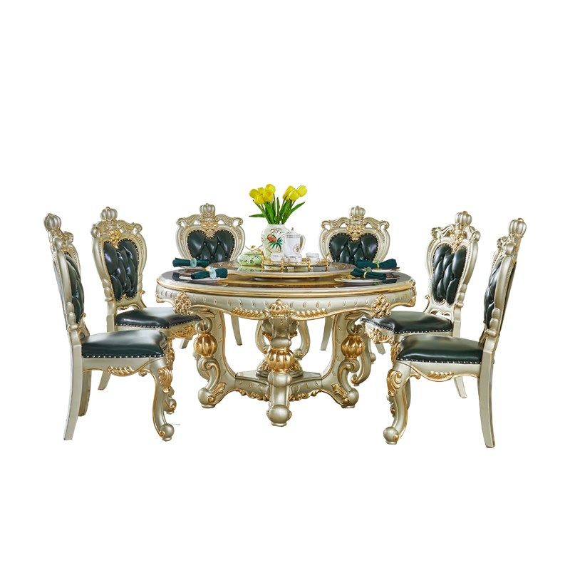 欧式大理石餐桌 美式别墅实木雕花描金银圆桌带转盘饭桌家用餐桌,住宅家具,大理石餐桌,淘宝优惠券,粉丝福利购,淘宝优惠卷