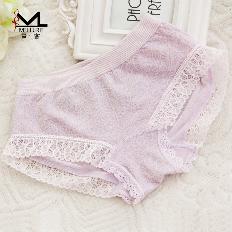 梦睿无痕性感收腹提臀竹炭纤维中腰内裤少女植物花卉蕾丝边三角裤