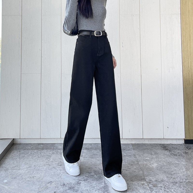 黑色加绒窄版阔腿牛仔裤女2025冬季新款高腰显瘦宽松梨型直筒裤子