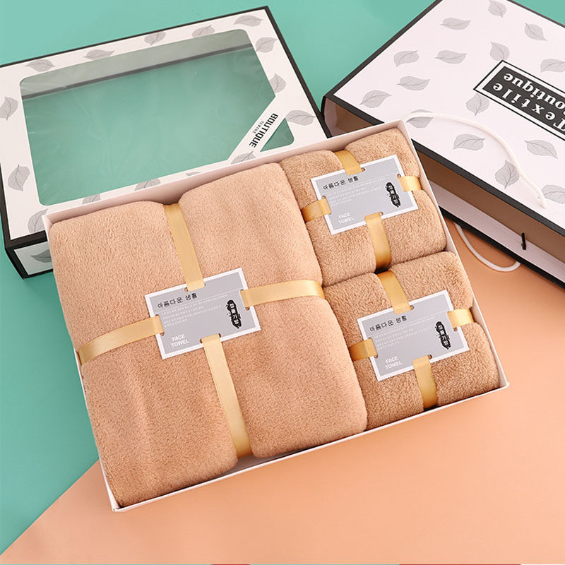 珊瑚绒毛巾浴巾套装礼盒男女回礼家用加厚柔软吸水礼品三件套包邮