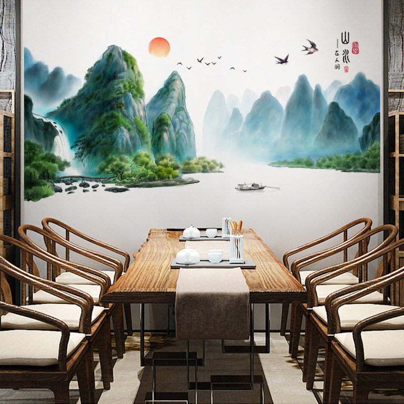 青山绿水山水画墙贴纸中式客厅沙发背景电视墙壁墙面装饰自黏贴画