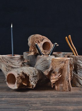 风化木笔筒实木枯木创意花瓶茶夹茶勺插筒家居饰品书房办公桌摆件