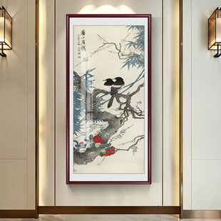 竹报平安竹子水墨画入户玄关装饰画客厅挂画花鸟国画中式竖版壁画