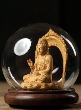 玻璃罩发光佛像摆件小号木雕球形罩家居玄关饰品观音如来妈祖关公