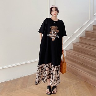 2025夏季新款大码长款纸片人T恤裙女拼接碎花雪纺裙摆短袖连衣裙