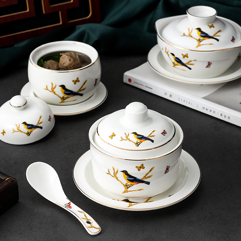 高档酒店专用燕窝甜品隔水炖罐骨瓷金边佛跳墙炖盅带盖陶瓷小汤盅