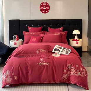 结婚纯棉磨毛四件套婚床上用品秋冬婚庆大红色喜被套女方陪嫁床单