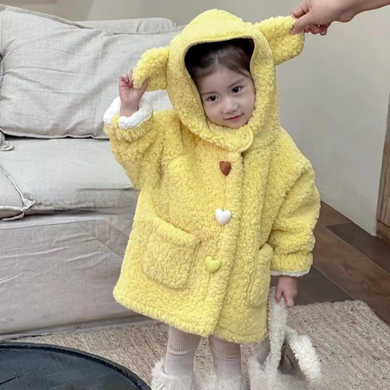 女童加绒外套秋冬2023新款小童连帽长款加厚洋气女宝宝保暖毛毛衣