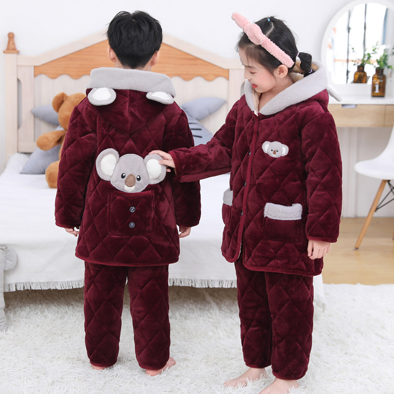 秋冬儿童睡衣三层夹棉加厚长款珊瑚绒卡通法兰绒中大童男童家居服
