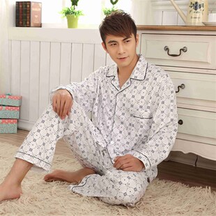 男式 纯棉长袖 夏季 全棉中年春季 男士 中老年家居服套装 睡衣男春秋季