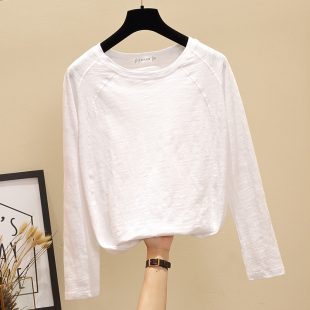 打底衫 春秋季 竹节棉内搭长袖 白色t恤女圆领上衣宽松韩版 2021新款