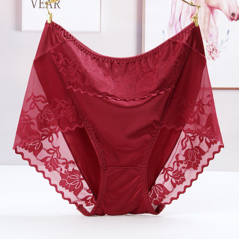 轻奢锦缎面料蕾丝大码高腰性感时尚内裤女胖MM200斤纯棉裆丝滑柔