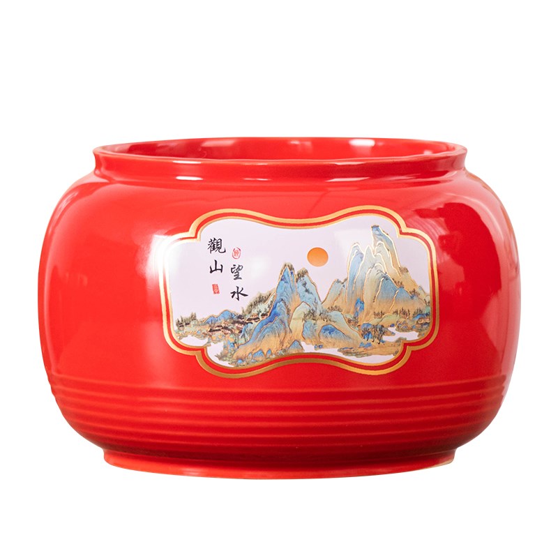 花盆中式盆景中国红陶瓷火焰南天竹绿植新年喜庆专用大号圆润花盆