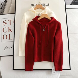 阔系安可拉红色连帽开衫毛衣外套女2024秋冬季圣诞穿搭短款上衣