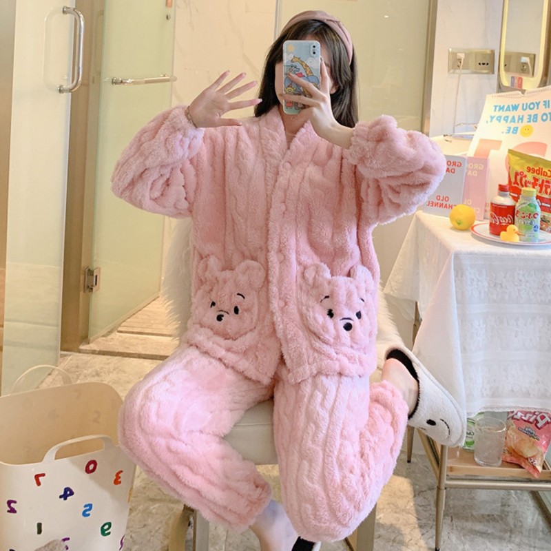 睡衣女秋冬珊瑚绒可爱熊加厚加绒2021年新款家居服法兰绒网红套装