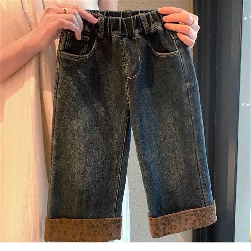 女童加绒牛仔裤阔腿裤冬装2024新款小童女宝宝一体绒裤子穿搭时髦