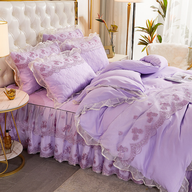 韩式夹棉床裙四件套蕾丝公主风床罩莫奈尔被套夏季床上用品1.8m米