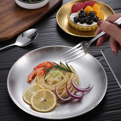 304不锈钢圆盘浅盘菜盘子金属托盘烤肉盘水果盘平底碟吐骨碟加厚