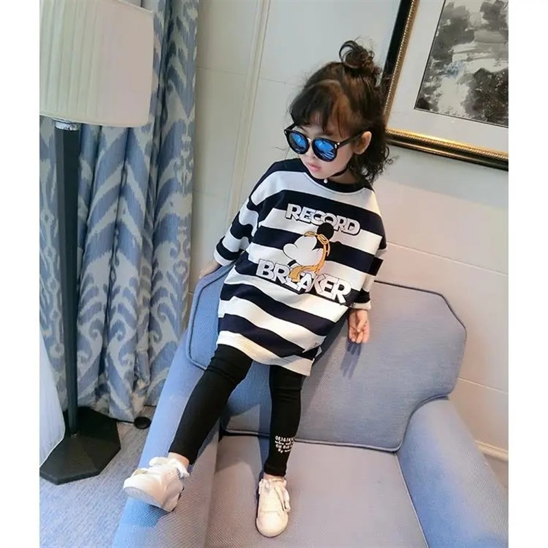 女童宽松T恤2024新款春秋装卫衣中小童圆领条纹长款卡通打底衫潮6