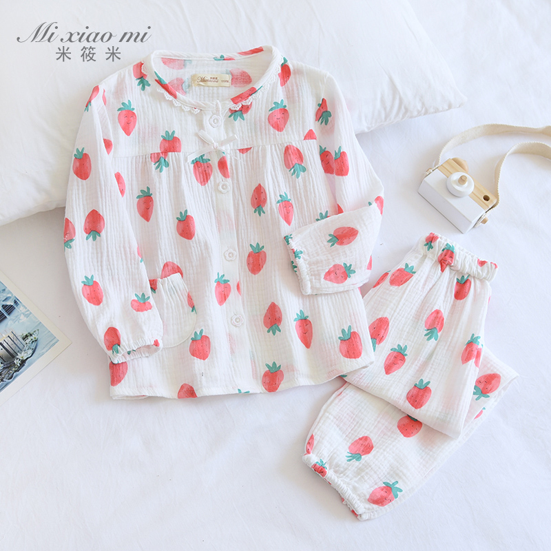 米筱米儿童春秋水洗纯棉纱布女童睡衣套轻薄防蚊服宝宝空调家居服