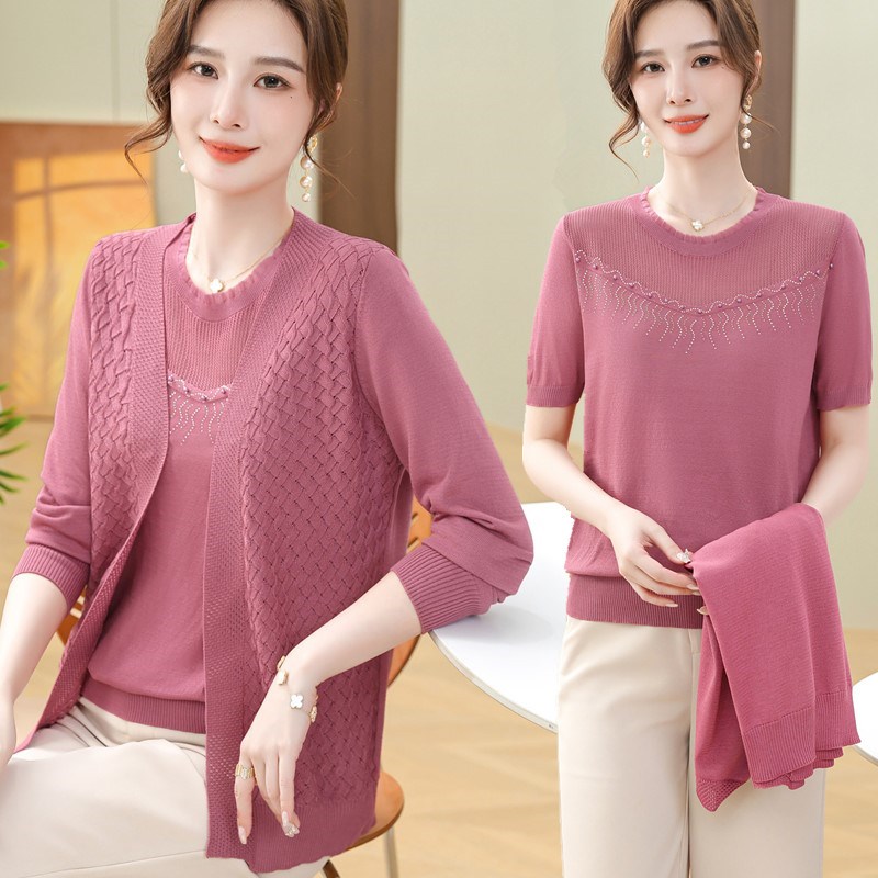 洋气妈妈夏装T恤短袖两件套中老年女春秋季针织开衫薄款毛衣外套