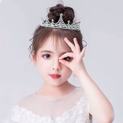 儿童演出发饰女童白色生日皇冠发箍公主头饰花童皇冠水晶表演王冠