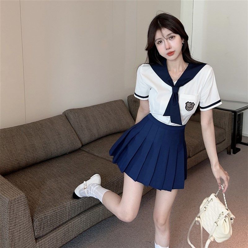 水手服女学院风JK制服海军领短袖衬衣韩式高腰百褶裙两件套装夏季