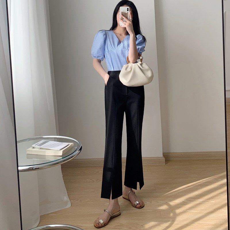 黑色开叉西装裤女八九分垂感显瘦分叉裤小个子150微喇叭休闲裤xs8