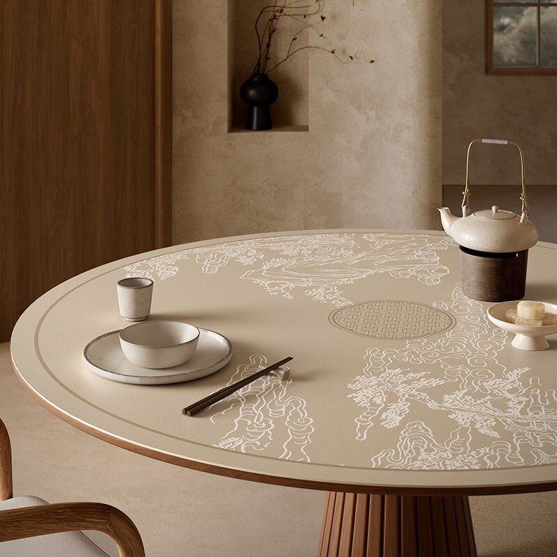 喜即新中式圆桌垫防水防油仿皮革餐桌茶几保护垫免洗防烫浮岚问闲