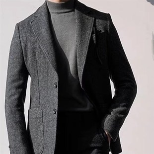 男士 西服外套秋冬英伦复古羊毛人字纹欧美粗花呢加厚毛呢外套 大码