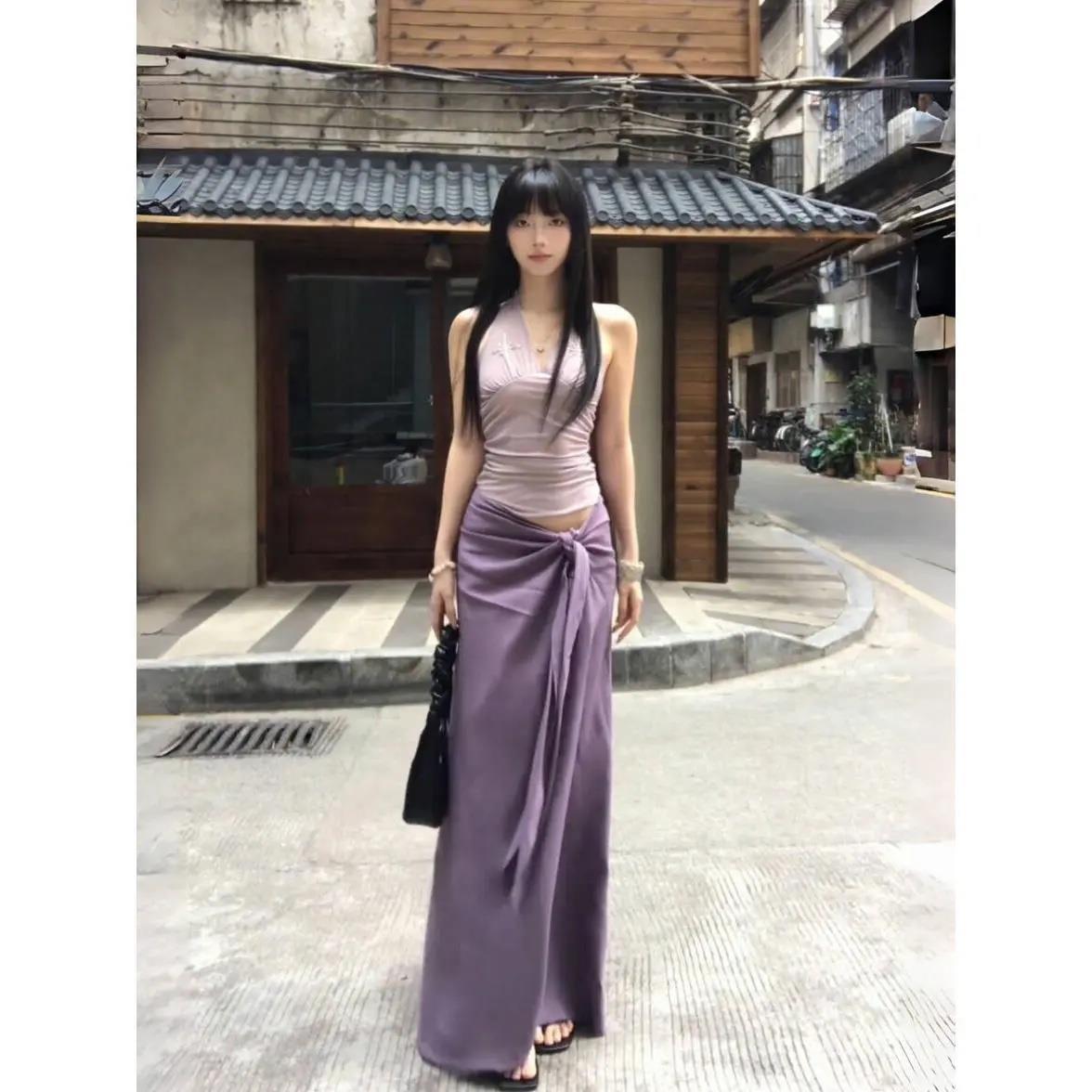 法式性感纯欲风紫色v领挂脖吊带休闲运动套装