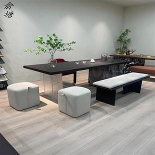 俞塘新中式 实木家用茶桌 黑胡桃木亚克力岩板茶桌椅组合 办公书桌