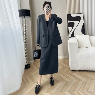 灰色时尚洋气两件套装女春季2025新款无领西装外套高腰显瘦半身裙