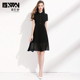 女装 2021新款 修身 黑色连衣裙夏季 显瘦气质收腰短袖 雪纺百褶裙女夏