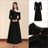 高级感拼b接设计感一字肩法式 轻奢收腰黑色显瘦长裙连衣裙女 M801