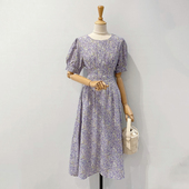 中长款 碎花短袖 裙 B法式 收腰显瘦森系泡泡袖 连衣裙女2023新款 夏季