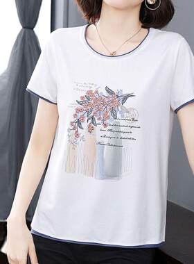 白色短袖女d棉夏装新款半袖体恤40岁中年妇女宽松妈妈装上衣小衫