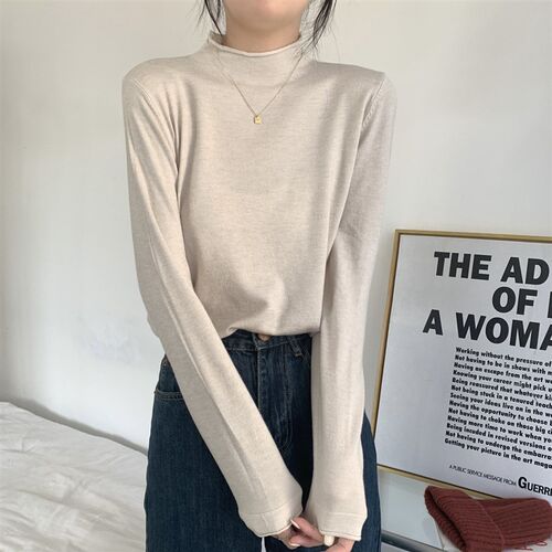 半高领卷边外出哺乳辣妈款针织衫秋冬百H搭长袖打底衫产后喂奶上