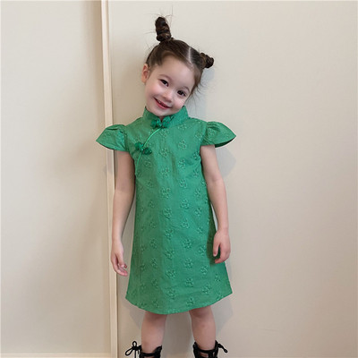 儿童旗袍2d023夏季洋气中国风蕾丝飞袖薄款女孩连衣裙短袖唐装女