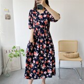 新款 碎花宽松显瘦人造棉长裙子 女F装 V领中长款 棉绸连衣裙夏季