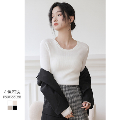 短款圆领毛衣女2022秋冬新款白色修身内搭长袖黑色打底针织衫上衣