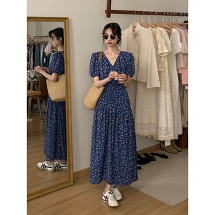 YNVN法式茶歇温柔风V领碎花连衣裙女夏季新款收腰显瘦气质长裙子