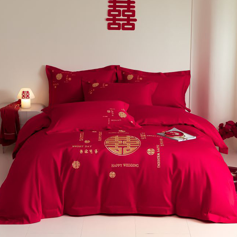 2024新款全棉婚庆四件套结婚纯棉喜被套红色床单床笠婚房床上用品